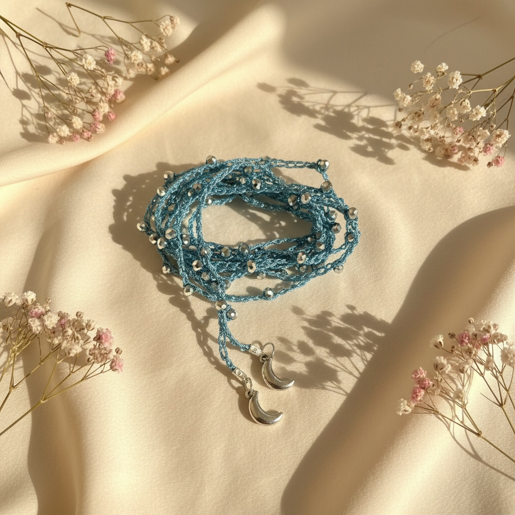 Choker abbraccio denim con perline argento e charms Lune