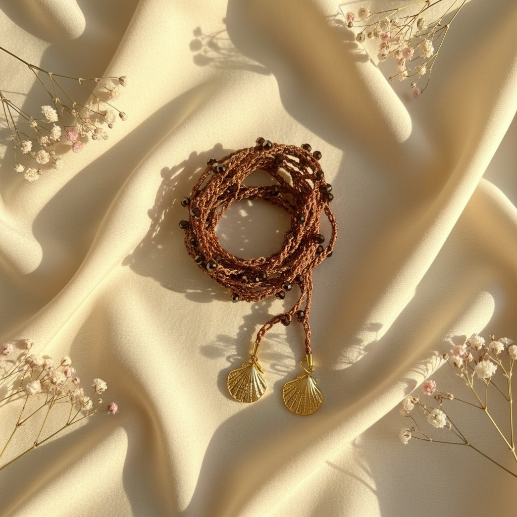 Choker abbraccio rame con perline marroni e charms conchiglia