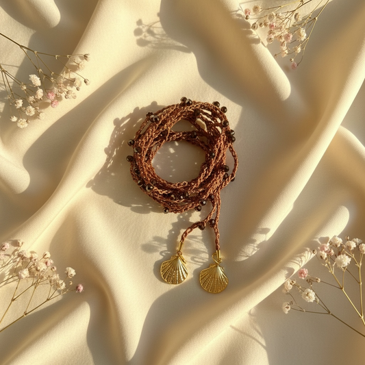 Choker abbraccio rame con perline marroni e charms conchiglia