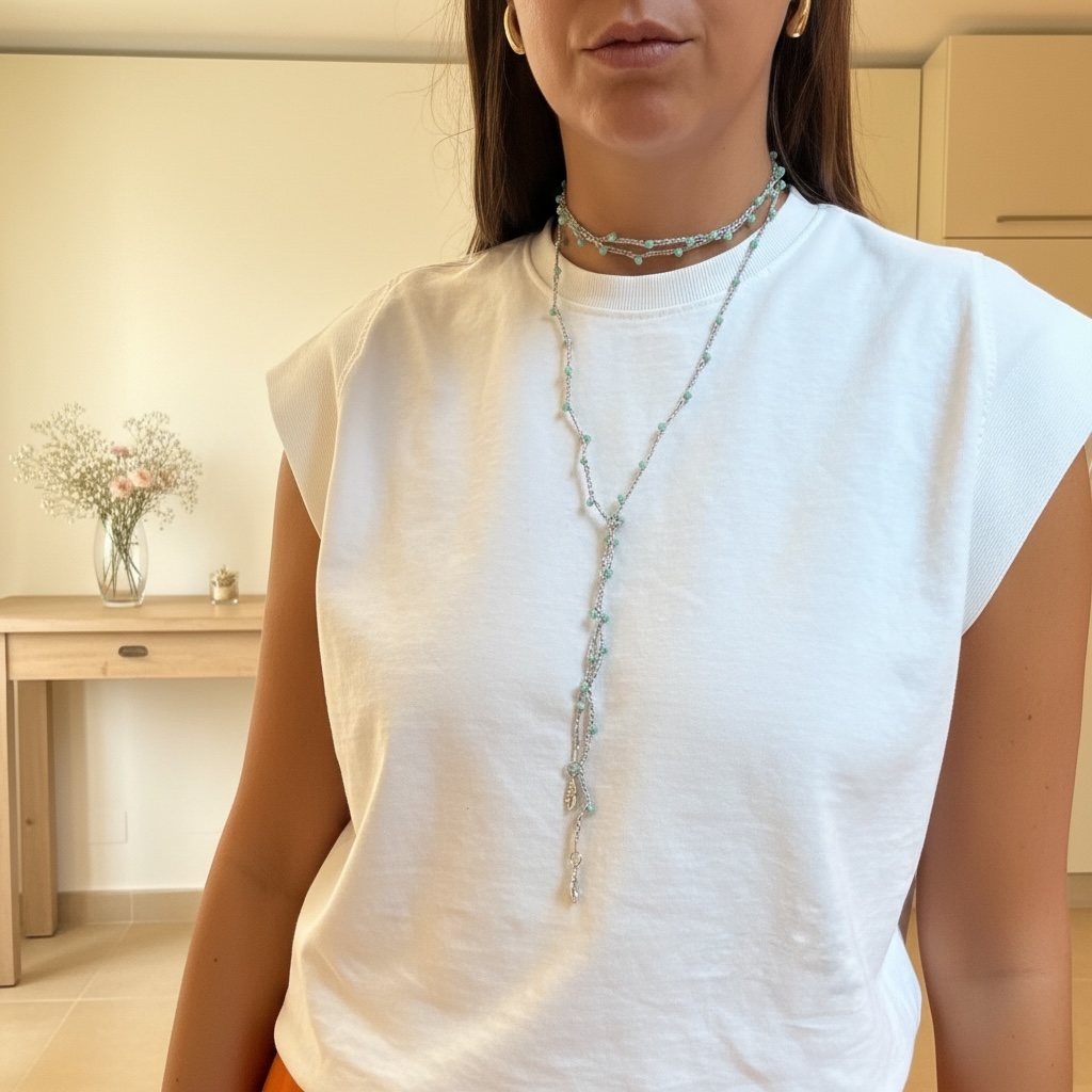 Choker abbraccio argento con perline turchesi e charms conchiglia