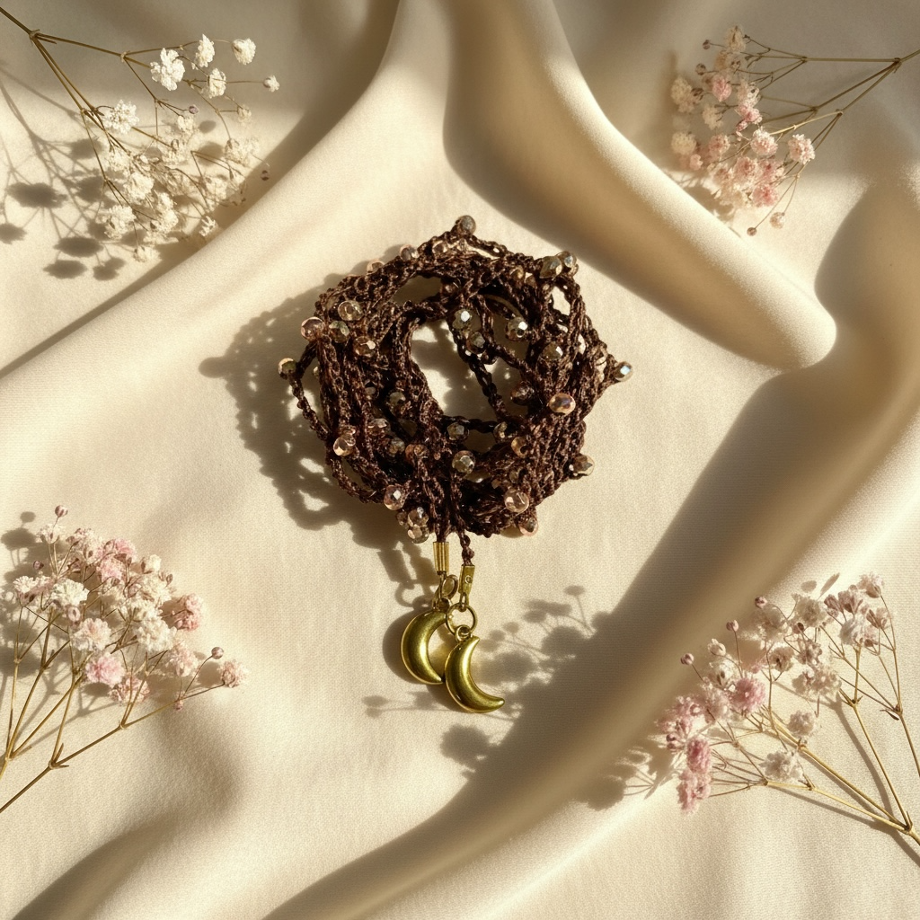 Choker abbraccio marrone con perline oro rosa e charms Lune