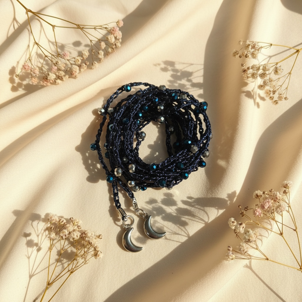 Choker abbraccio blu con perline argento e blu acqua e charms lune