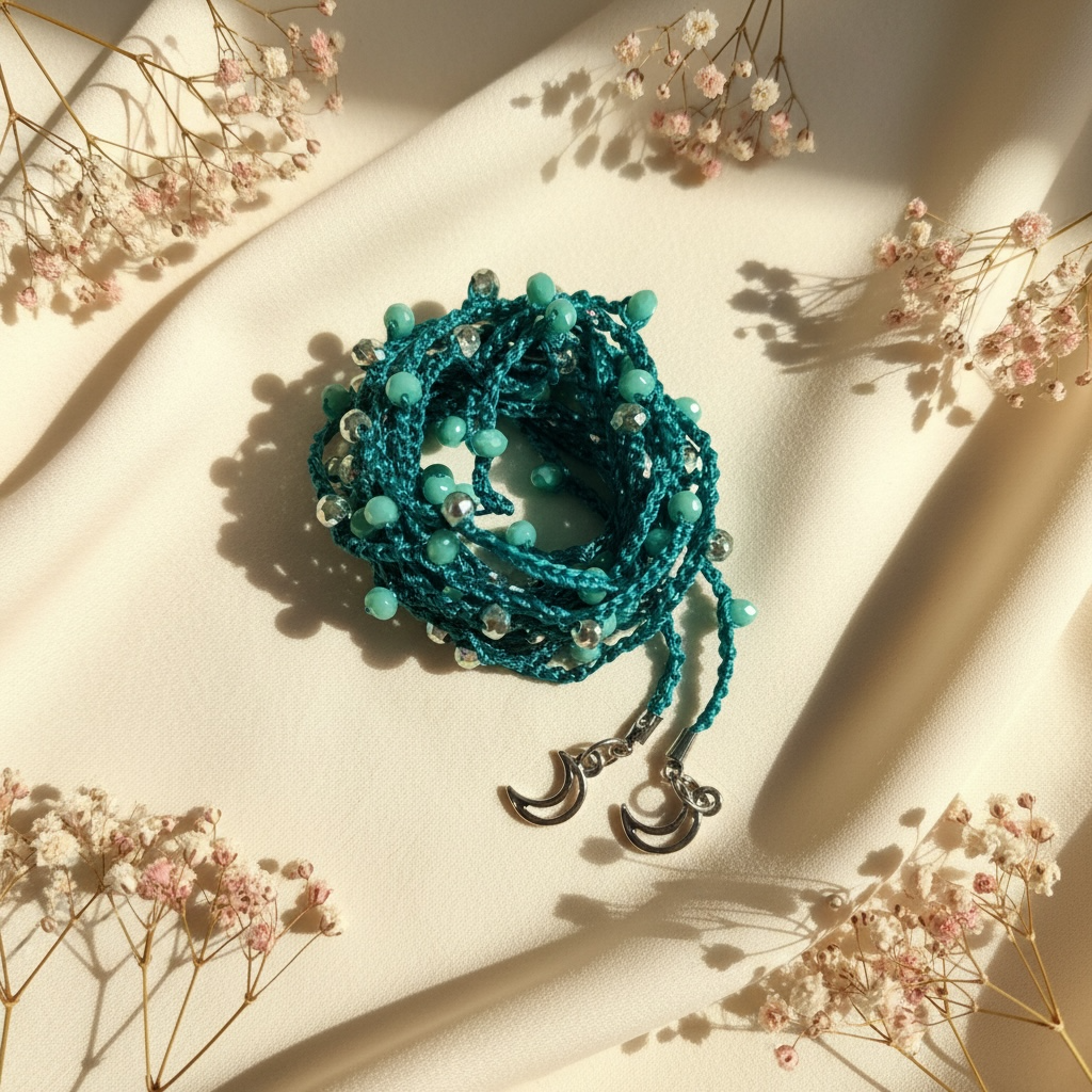 Choker abbraccio turchese con perline argento e verde acqua e charms lune