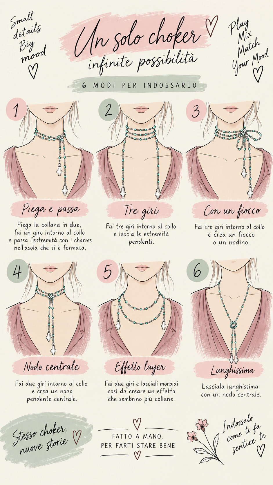 Choker abbraccio marrone con perline bronzo e charms foglie di monstera