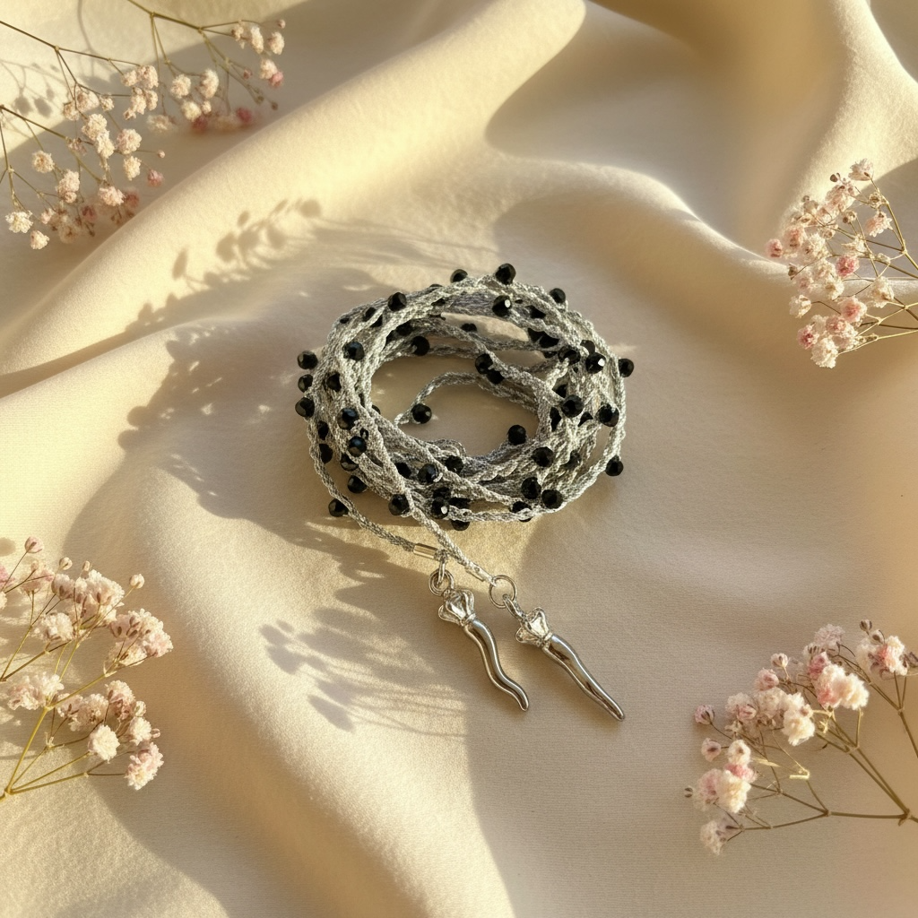 Choker abbraccio oro con perline nere e charms corni portafortuna