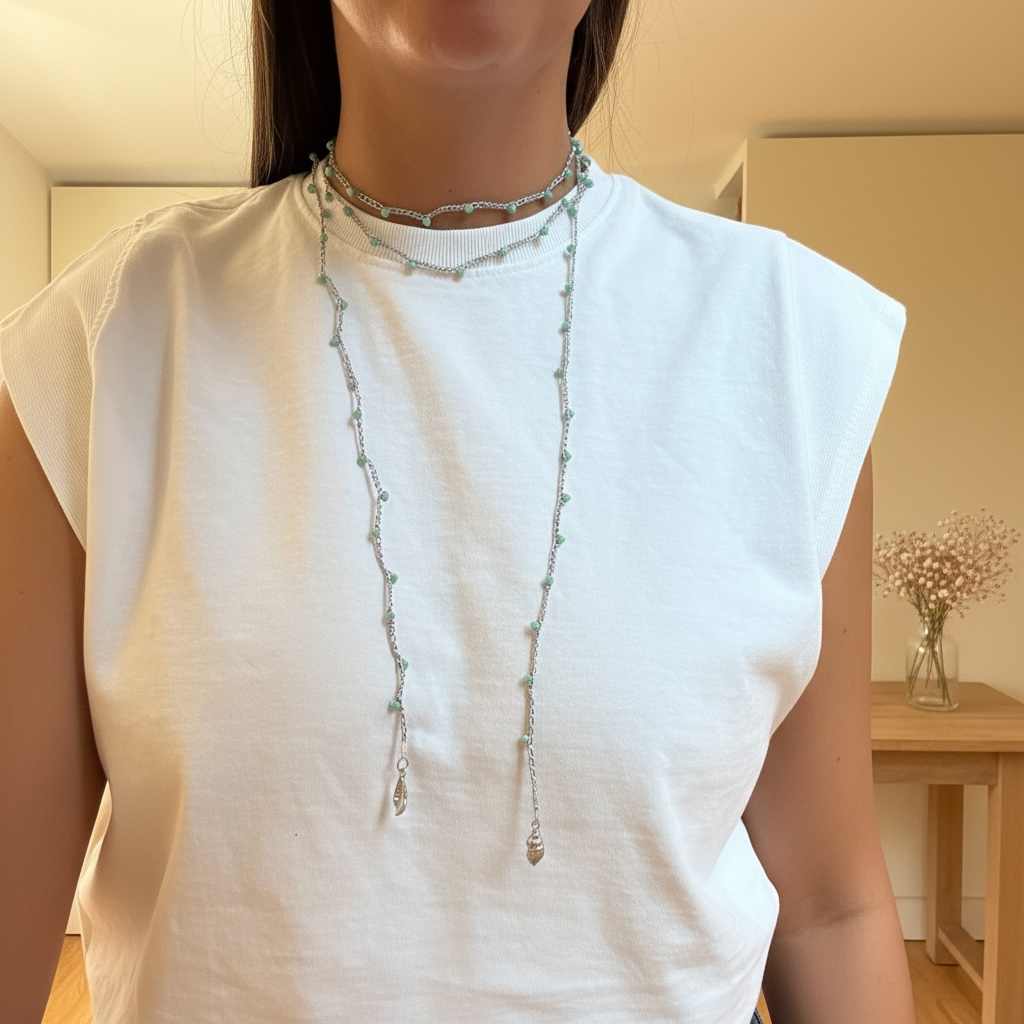 Choker abbraccio argento con perline turchesi e charms conchiglia