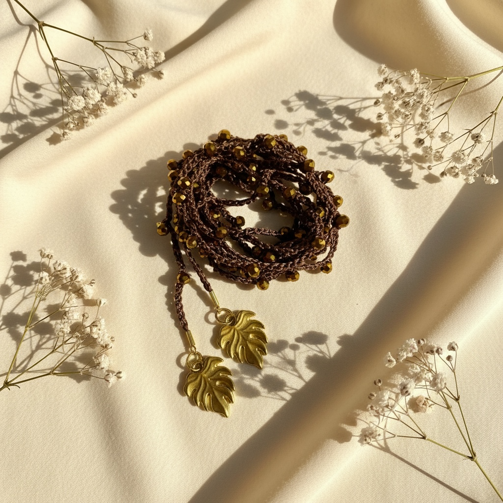 Choker abbraccio marrone con perline bronzo e charms foglie di monstera