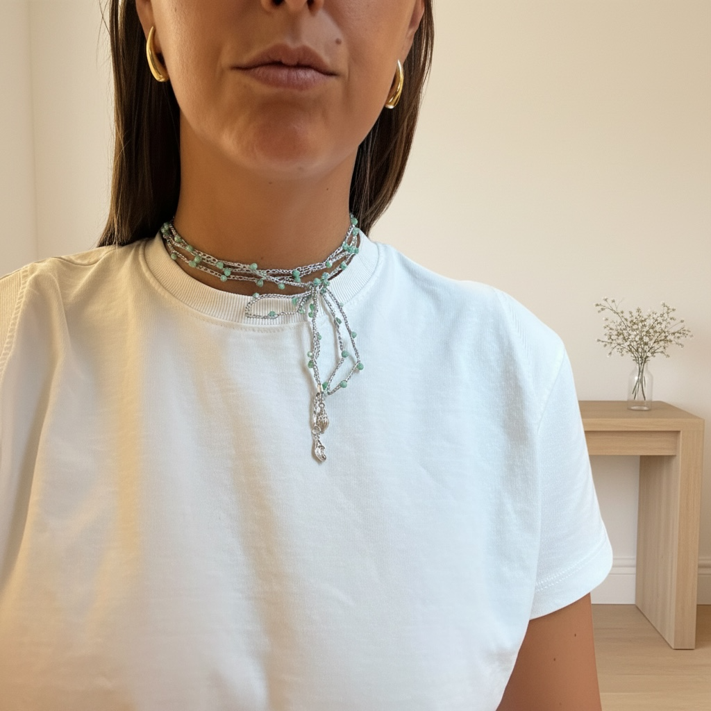 Choker abbraccio argento con perline turchesi e charms conchiglia