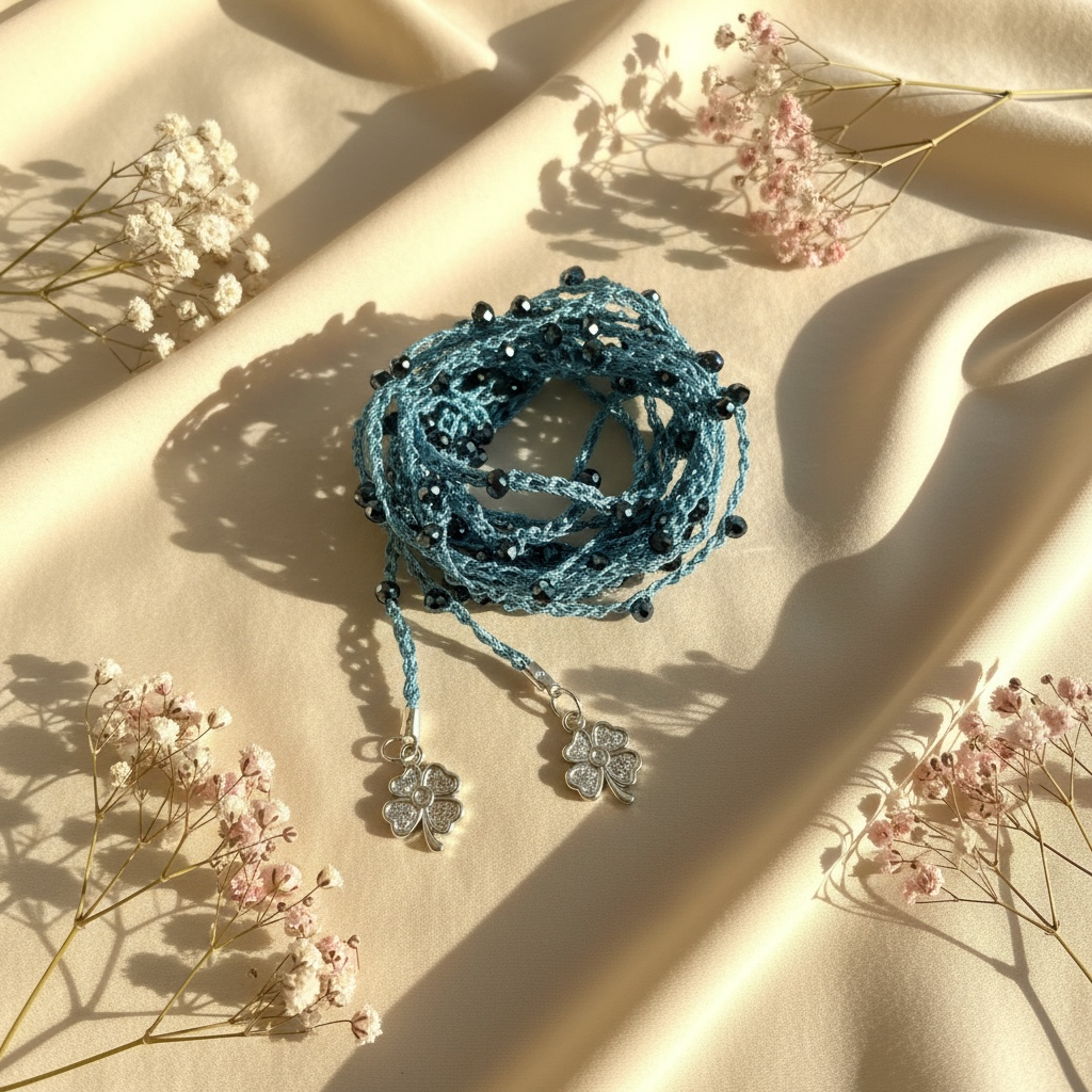 Choker abbraccio denim con perline blu e charms quadrifogli