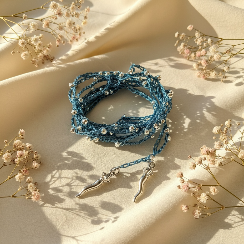 Choker abbraccio denim con perline argento e charms corno napoletano