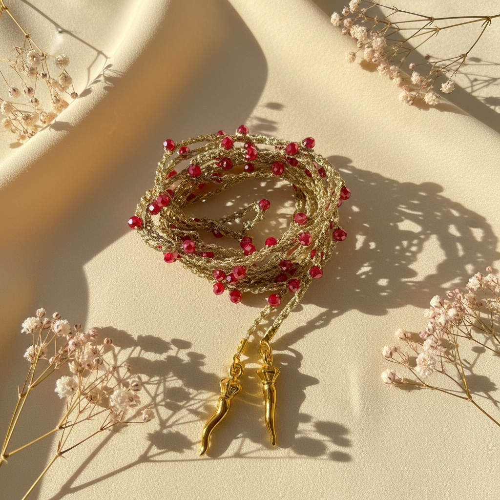 Choker abbraccio oro con perline bordeaux e charms corni portafortuna