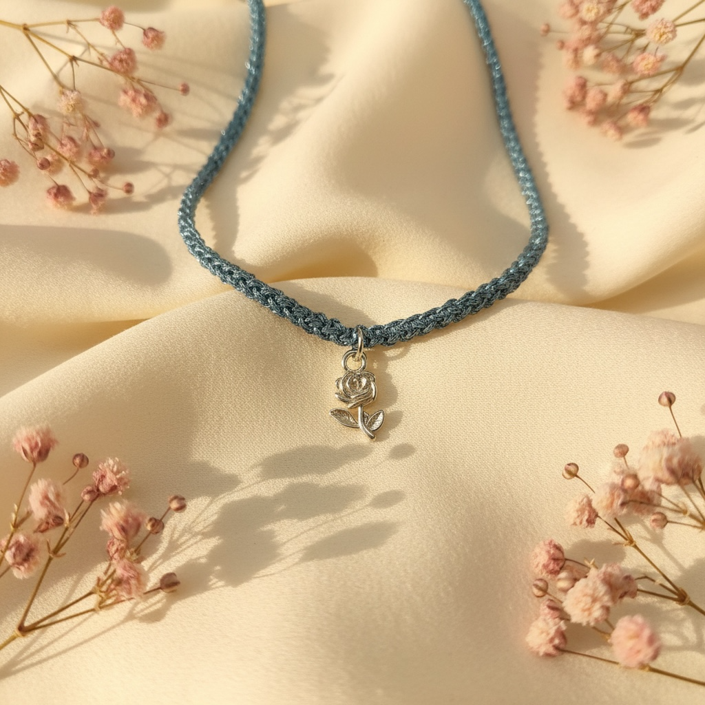 Spighetta - Collana girocollo Filato denim - Ciondolo rosellina